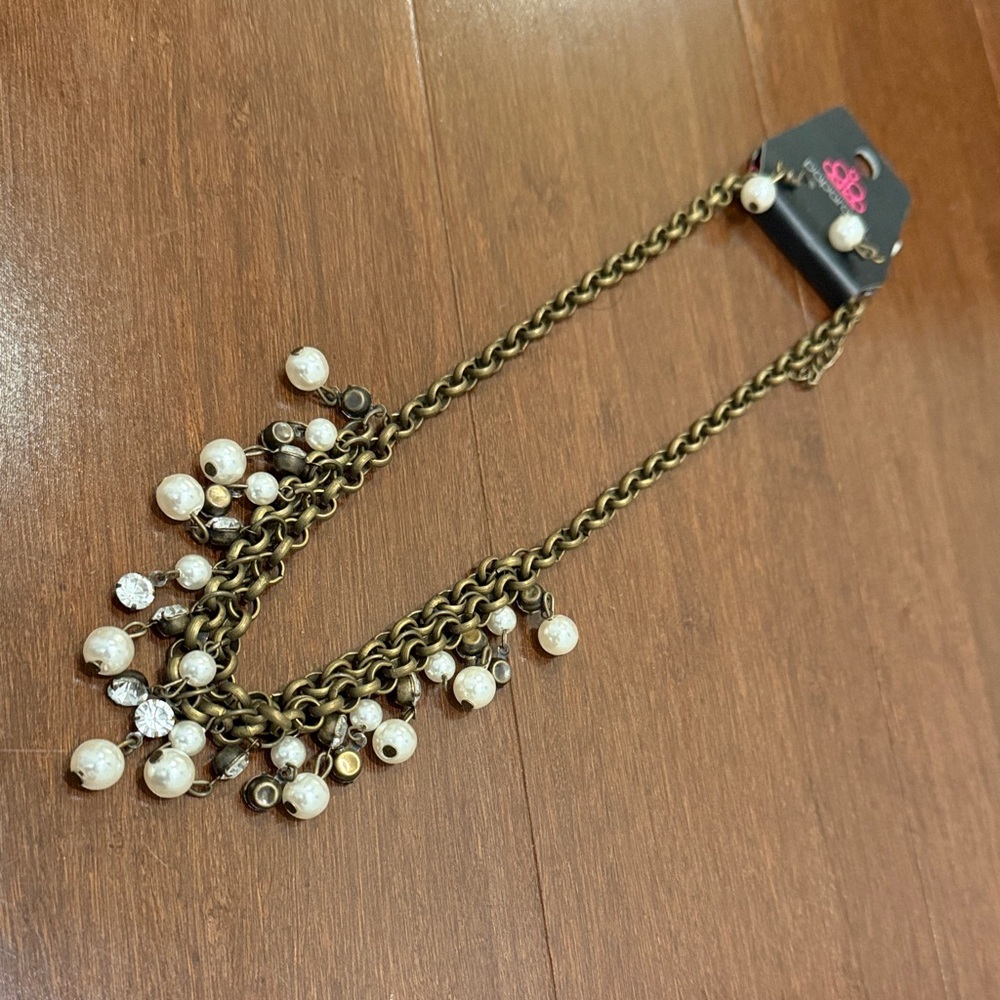 Paparazzi Brass Earrings and Necklace with Pearl Drops